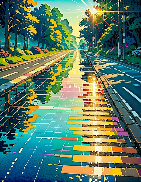 one girls, Casual clothing, sun after the rain, one rainbow appears in the sky, In places Wet road surface, Blue sky. (Walking In Rhythm). Sunshine, (Lens Ghosting:1.1, lens flare:1.1), Natural backlighting. Makoto Shinkai style of art, by Makoto Shinkai, ...