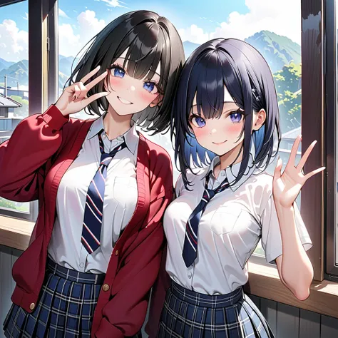 ( best quality), ( Ultra Hi-Res), ( high definition ), (超 high definition ), ( Highly Detailed CG), (32K), (masterpiece), two high school girls standing side by side、(A small breasts girl with short black hair and a smile v over eye, and a big breasts girl...