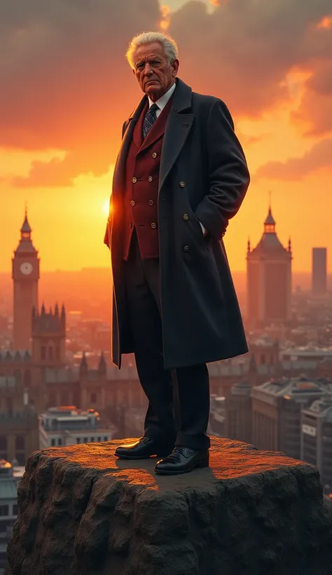   England Prime Minister, Alexander Frederick Douglas-Home, Scottish man, 60-age,  on big Rock , in London, sunset,( detailed skin, (a bit, Canon, 8k, anatomically accurate, super detailed, Attention to detail , Your Highness)