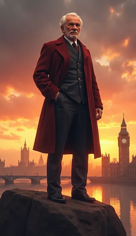   England Prime Minister, Alexander Frederick Douglas-Home, Scottish man, 60-age,  on big Rock , in London, sunset,( detailed skin, (a bit, Canon, 8k, anatomically accurate, super detailed, Attention to detail , Your Highness)