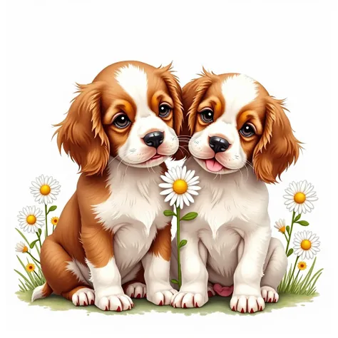 Two cute puppies with daisies by Boom about dog flowers Watercolor hand drawn daisy background Illustration graphics woman Spaniel and dog with flowers Art White background Cute detailed elements Super detailed High quality