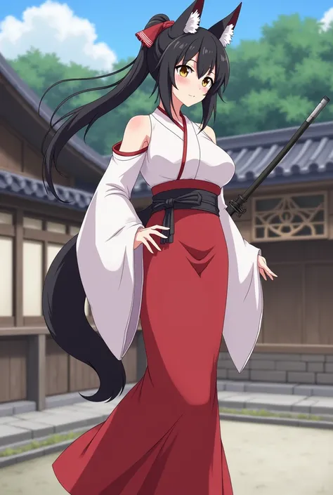 adult woman，Shrine maiden，袴，Black hair ， very long hair，Ponytail，Big Breasts，large Breasts，large Breasts，Shoulders exposed，The background is a Japanese village ， standing， holding a scabbard in the left hand ，Blushing，anime style,   high definition , maste...