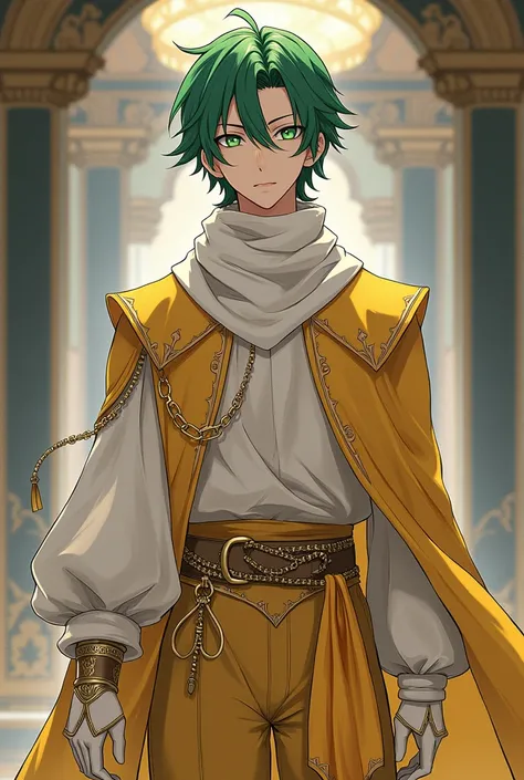 A quiet anime young man in high school with sharp green eyes and a long sleeve on the left hand. He represents medium-length green hair, ,  fair skin and wearing all the beautiful and luxurious blue and yellow fantasy clothes, such as the clothes of nobles...