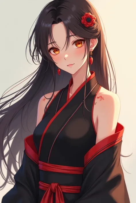 appearance:  Anime girl has dark brown hair that reaches long below her shoulders,  orange-eyed , light skin,  medium breasts ,  a slim body and a mole on her right shoulder , She measures 159 cm , Wear a black male Hanfu with red details.