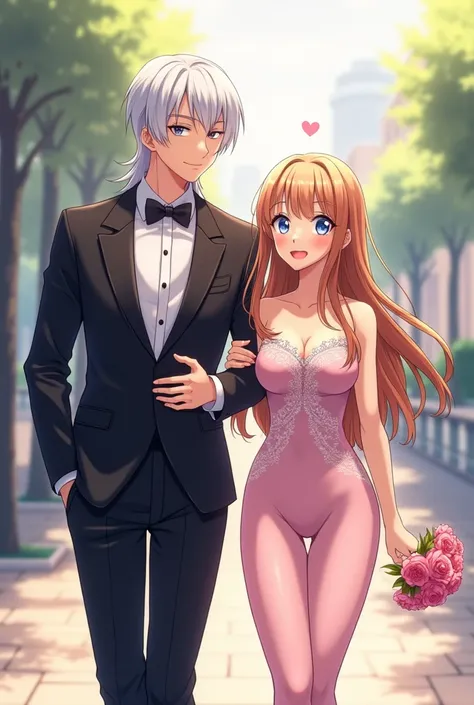 A beautiful anime girl with beautiful breasts and nails walks together. Her lover wears a rich suit, blue eyes and beautiful white hair