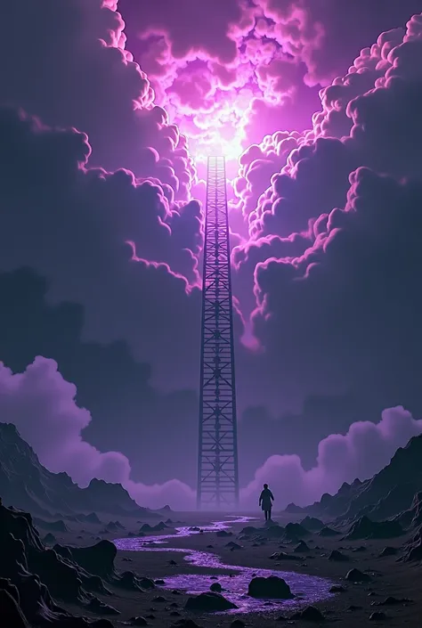 Crie um wallpaper dark, involving God and the ladder up to him ,  set an apocalyptic mood according to the Bible,  add neon purple to the weather and clouds  