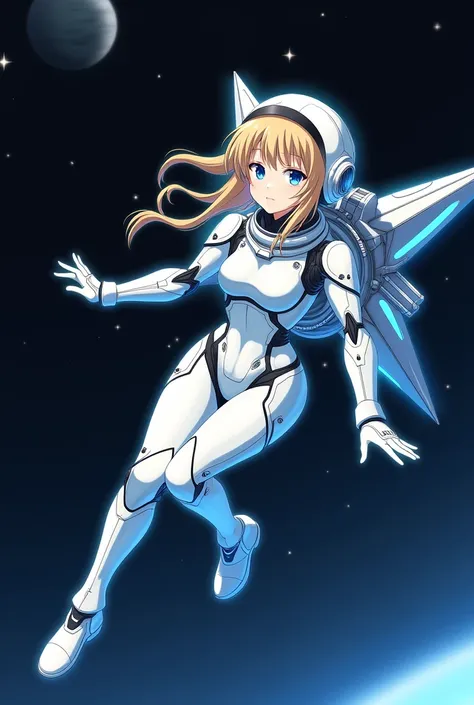 Anime girl wearing a white Robotic spacesuit and tubes with blue liquid are connected to her body and to her mask connected to her mouth and rocket and metal jet wings attached on her back and shes flying in the space