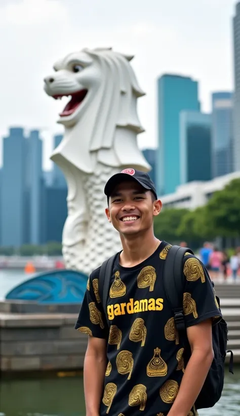 really amazing picture with high quality. An Indonesian man, 20 years , wearing a baseball cap standing smiling near Merlion Park Singapore, wearing a black and gold patterned shirt, with the words "Gardamas". and carrying a backpack, sneakers, looking at ...