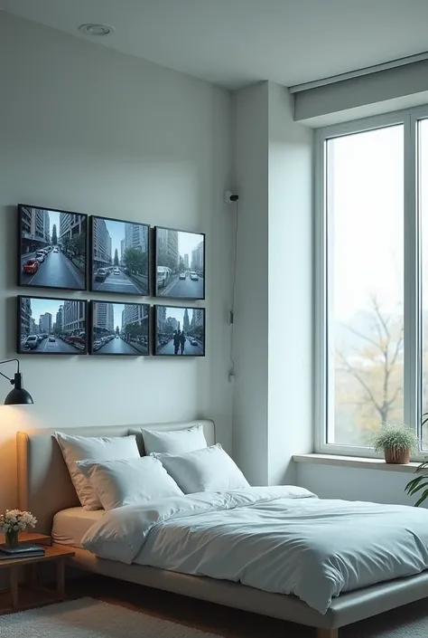 Create an image of bedroom with monitor screens via cctv