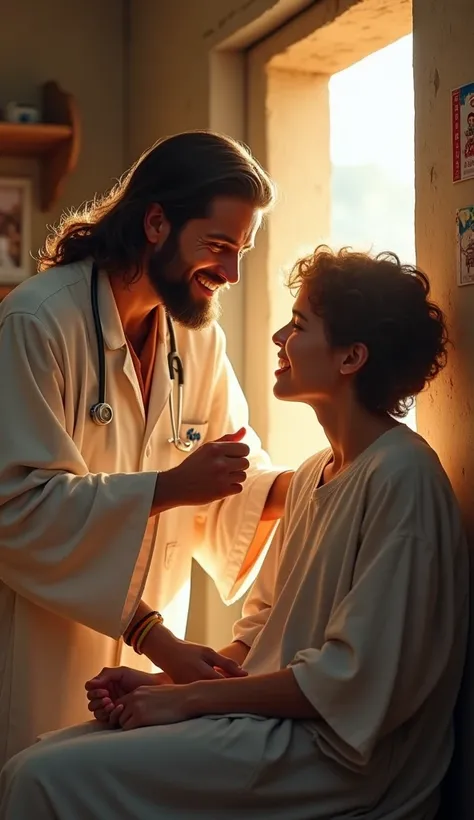 the doctor helping a  in a rural clinic. Jesus is standing nearby, observing with a proud and gentle smile. The scene is set in a small community health center with simple tools. The perspective is eye level, capturing the action and emotions. The lighting...