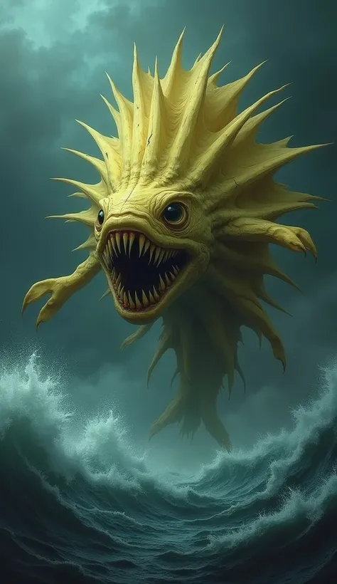 Design a monstrous hybrid creature that seamlessly combines the features of a fish and a banana. The body should have the elongated shape and peel texture of a banana, integrated with sharp fins, scales, and the menacing mouth of a fish with jagged teeth. ...