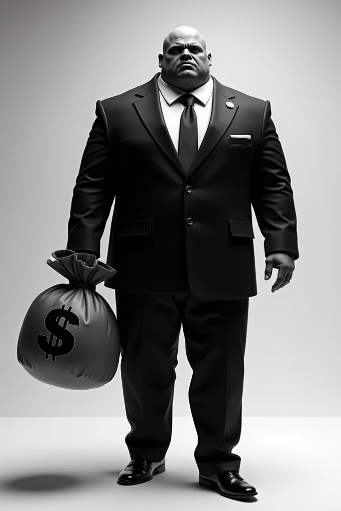 A huge man in black and white suits carrying a big money bag