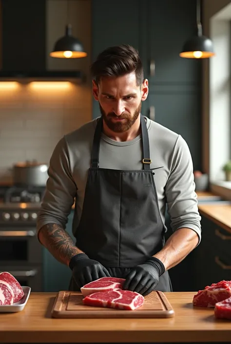  An ultra-realistic scene of Messi in a modern and spacious kitchen . He is wearing black gloves and cutting meat on the bench with pieces of meat and kitchen utensils.  The lighting is cozy ,  highlighting the details of the surrounding objects ."