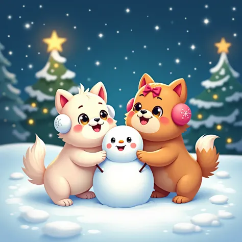 A cute gray and white ragdoll cat (bright eyes and smiling) wearing white earmuffs.    A cute.brown Chow Chow dog (bright eyes and smiling) with a red bow on her head and pink earmuffs.  Both of them build a Christmas snowman together.    The background is...