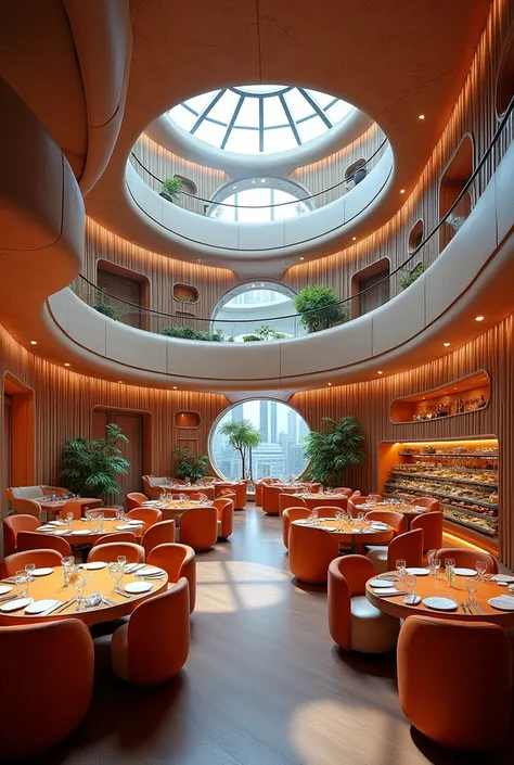 Restaurant all in the shape of a circle .  Also the furniture and drinks and food in the shape of a circle 
