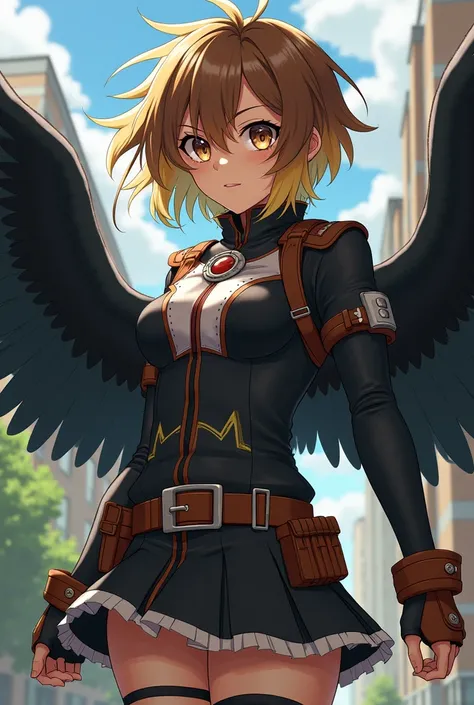  screenshot,  my hero Academia , Female gender,  short brown female Tom Boy hair with a blonde fringe,  light-colored leather ,  dull eyes gold color with the delicate Hawks ,  black wings and the uniform of the ua  , with the background of the school ua  