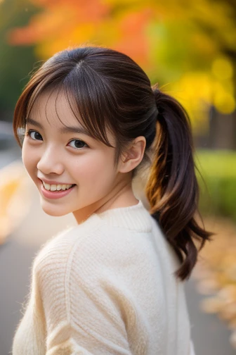 (8k, RAW photo, photorealistic, HQ, masterpiece), a cute Japanese woman, (glowing eyes), 
(laugh ), brown hair, fluffy ( lower:1.4) ponytail , (Autumn Stylish clothes), (), 
blurred background, depth of field, natural lighting, backlighting, face lightning...