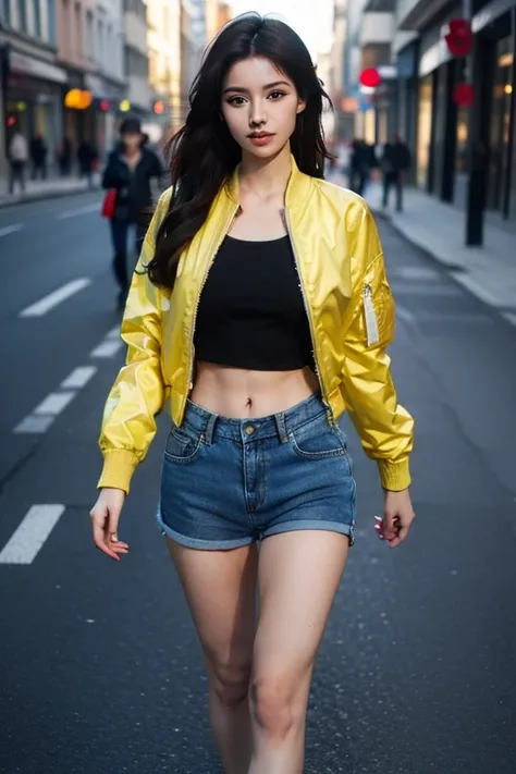 sexy girl with dark long hair, sexy face, wide hips, narrow waist, slim waist, sixpack, abs, big lips, red eyes, red fingernails, yellow bomber jacket, very tight denim shorts, walking down the street, Realistic anime style