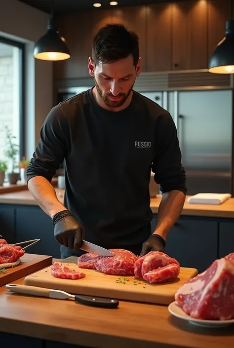  An ultra-realistic scene of Messi in a modern and spacious kitchen . He is wearing black gloves and cutting meat on the bench with pieces of meat and kitchen utensils.  The lighting is cozy ,  highlighting the details of the surrounding objects ."