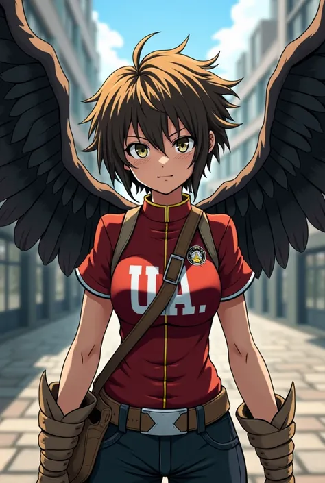  screenshot,  my hero Academia , Female gender,  short brown female Tom Boy hair with a blonde fringe,  light-colored leather ,  dull eyes gold color with the delicate Hawks ,  black wings and the uniform of the ua  , with the background of the school ua  