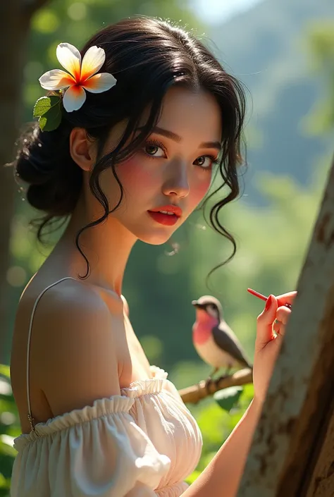 (photorealism:1.2), a beautiful lady is drawing a natural scene, wearing a shoulder covered beautiful long dress, a Macao bird in her shoulder. Sunny weather, Switzerland village, a flower bend in her head.Watery eye, rubi lips, curly black hair,shy smile,...