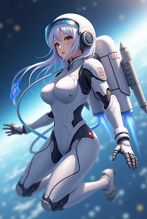 Anime girl wearing a white Robotic spacesuit and tubes with blue liquid are connected to her body and to her mask connected to her mouth and rocket and metal jet wings attached on her back and shes flying in the space