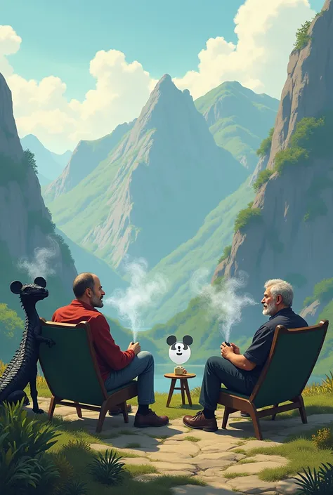 two adult men, sitting relaxed in chairs while smoking, in the mountains, morning atmosphere, accompanied by a black dragon who is smoking, and a mickey mouse ghost