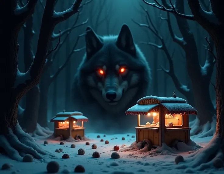  create the wolfs lair with some small Hearshy chocolates and two hot weals trolleys, In the background the eyes of the wolf in the cold and icy dark 