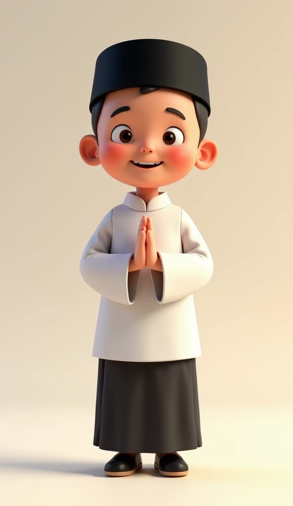 A 15- indonesian boy wearing white indonesian clothers prayer and balck sarung, black cap, hands folded in front of stomach and smiling, no background, 3d cartoon, facing the camera