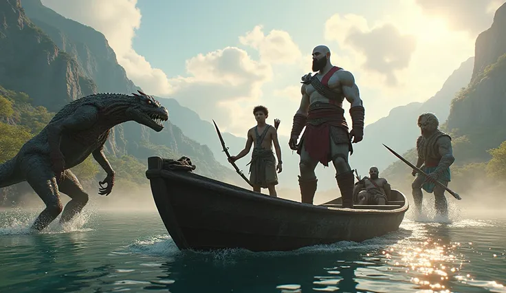 God Of war Ragnarok kratos and Atreus on boat in beautiful place sunshine poisonous creatures attacking jump on boat