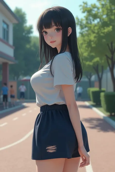 Alone、High school girl、 white skin 、 natural makeup 、 dark hair 、bangs、 straight long hair 、((( Wear a white short-sleeved T-shirt on your upper body )))、(((ripped gym suit))), (((Navy)))、 big boobs、 big butt、((( School Playground )))、(((Realistic Fingers ...