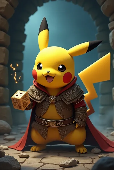 Pikachu disguised as a warrior in a dungeon rolling a die 