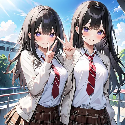 ( best quality), ( Ultra Hi-Res), ( high definition ), (超 high definition ), ( Highly Detailed CG), (32K), (masterpiece), two high school girls standing side by side、(A small breasts girl with short black hair and a smile v over eye, and a big breasts girl...