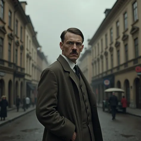 Hitler as a young man in the early 1900s, standing on a street in Vienna, wearing simple clothes typical of the time, a somber expression on his face, surrounded by old European buildings, gray sky overhead, hyper-realistic, photo realism, cinematography -...