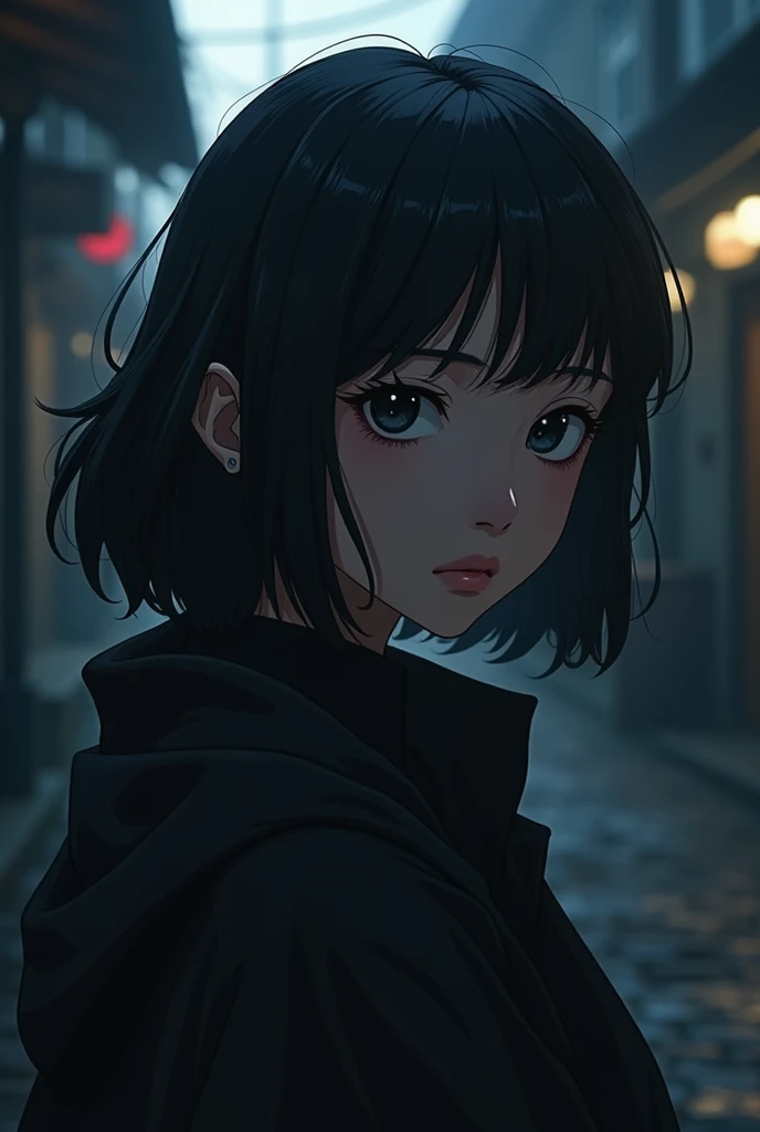 A YOUNG BLACK-HAIRED WOMAN IN A DARK SETTING WITH STYLE AND INFLUENCES ON JAPANESE ANIMES 