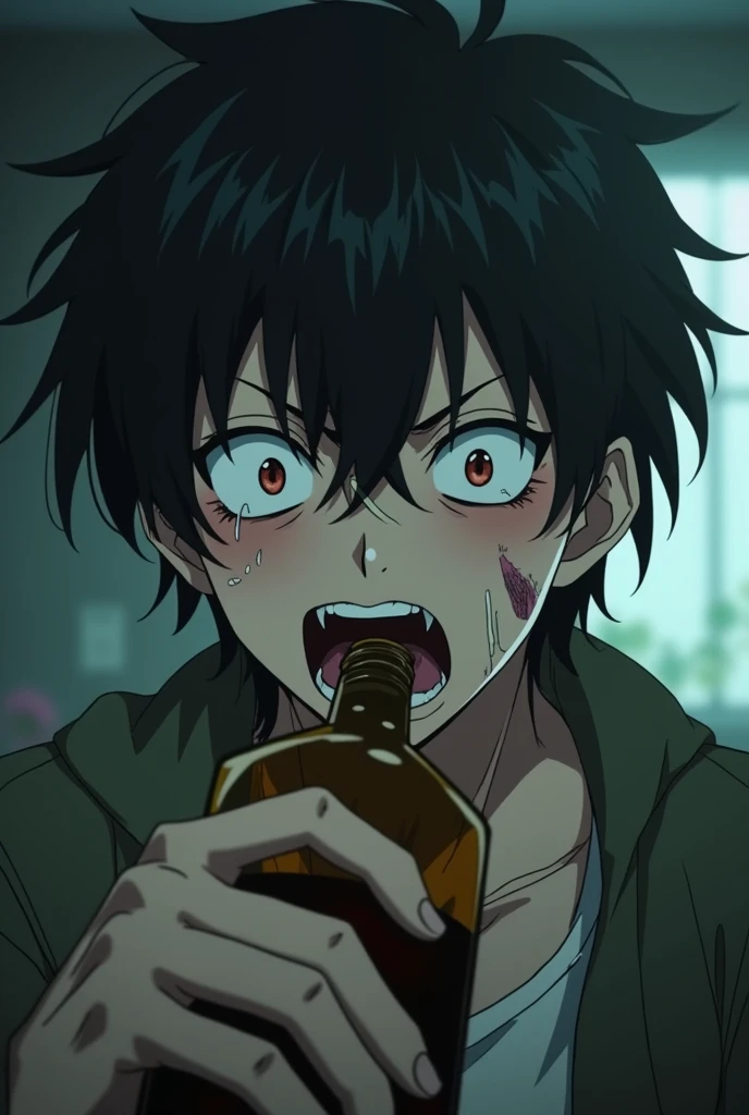 A mental Drunk boy anime character drinking alcohol  with a wierd facial expression 