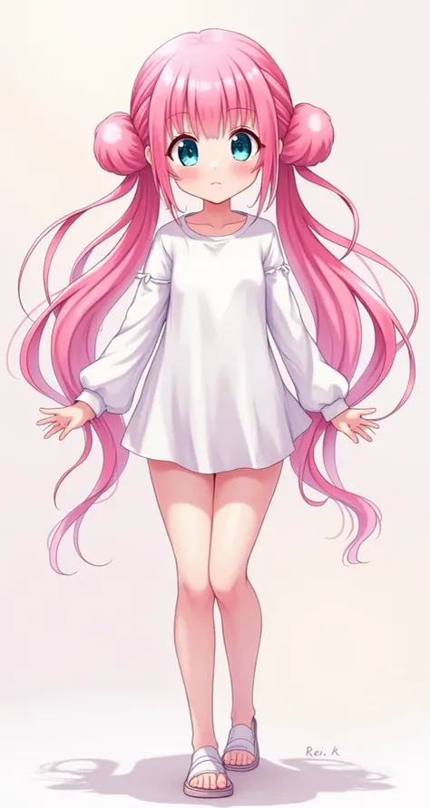 Pink-haired girl wearing a white shirt, A pink female squid girl ,  ピンクの twin tailsの髪とシアンの目 , !!full body portrait!!,   Anime Moe Art Style  ,  twin tails,  vocaloid, full_body!!, rejection, anime vtuber full body model,  2D anime style , full body!!, digi...