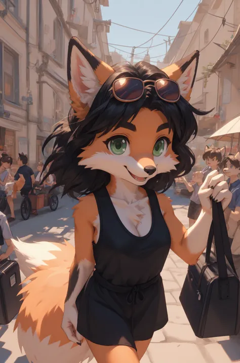 A female fox, young, beautiful, orange fur, green eyes, long black hair, busty, huge round titties, wearing a black sleeveless sundress, happy, coming back home from a trip, rolling in a luggage, wearing a shade of sunglasses, hd 8k