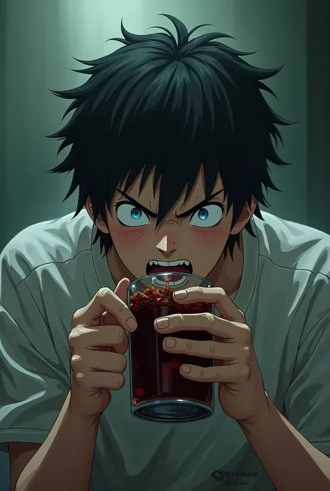 A mental Drunk boy anime character drinking alcohol  with a angry facial expression 