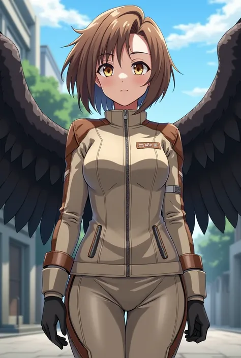  screenshot,  my hero Academia , Female gender,  short brown female Tom Boy hair with blond fringe,  light-colored leather ,  dull eyes gold color with the delicate Hawks ,  black wings and the uniform of the ua  , with the background of the school ua  , T...