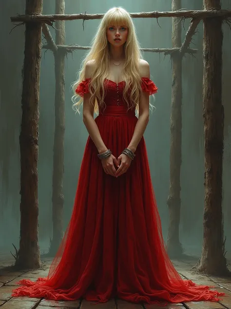  Beautiful,, an exquisite drawing in the style of a realistic 00x .,  of an incredibly beautiful young blonde bitch with long golden hair,long bangs, with blue eyes , dressed in a royal scarlet dress  ,, her hands are tied, she is standing on the platform,...