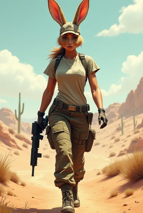 Fusion of Rabbit form of a human women body with guns , cargo pant , T shirt with cap walking at desert