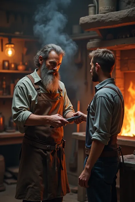 A blacksmith giving tongs to a   from a blacksmiths shop.