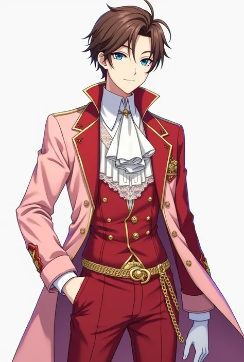 A funny and quiet anime young man in high school with sharp blue eyes represents short brown hair , With light skin and wearing all the fancy red-pink clothes, the idol is represented by a closed red and pink jacket with a long sleeve on the left hand and ...