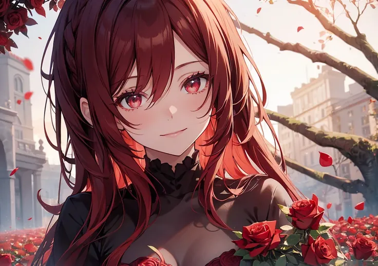 Garden of Red Roses in Full Bloom
A close-up of a girl surrounded by red rose petals. Her hair is dark cherry red , matching the color of the roses. The girls eyes are deep red, and she is smiling with passion and elegance. The soft light of the evening is...