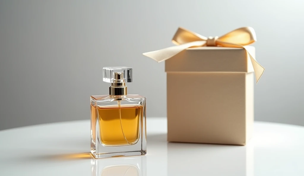 Image features a still life composition with a focus on a luxurious perfume bottle and a gift box. The perfume bottle is made of clear glass with a geometric, faceted design, showcasing a golden amber liquid inside. It has a square, transparent stopper wit...