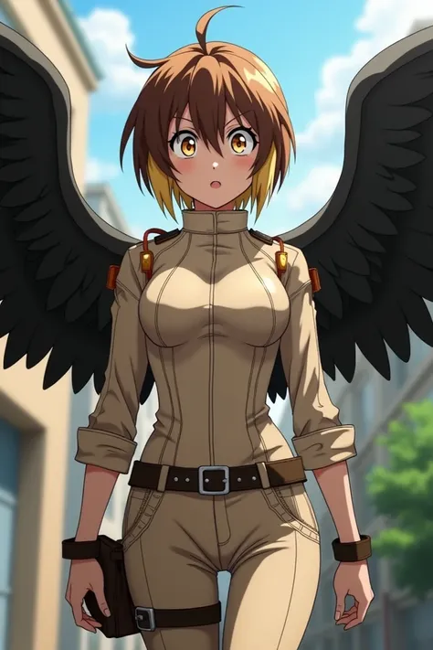  screenshot,  my hero Academia , Female gender,  short brown female Tom Boy hair with blond fringe,  light-colored leather ,  dull eyes gold color with the delicate Hawks ,  black wings and the uniform of the ua  , with the background of the school ua  