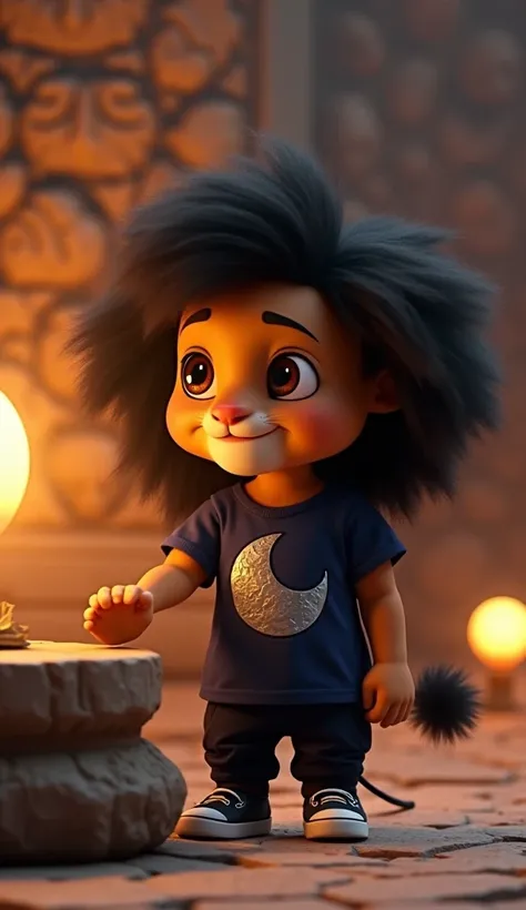 Kittu, a 4-month-old male baby lion with a fluffy human type long black hair, big brown eyes, and a curious expression. He is wearing a dark blue T-shirt with a silver  moon design and black pant dark sneakers.


The background shows an altar surrounded by...