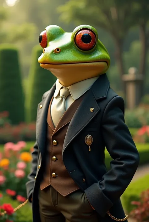 a gentle man frog, wearing clothes