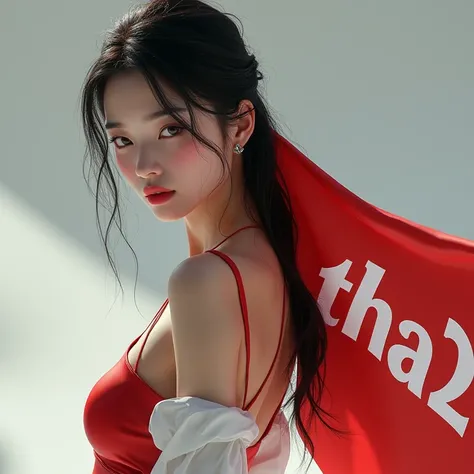 Sexy Korean girl with a flag on the back with the word Tha2 written on it